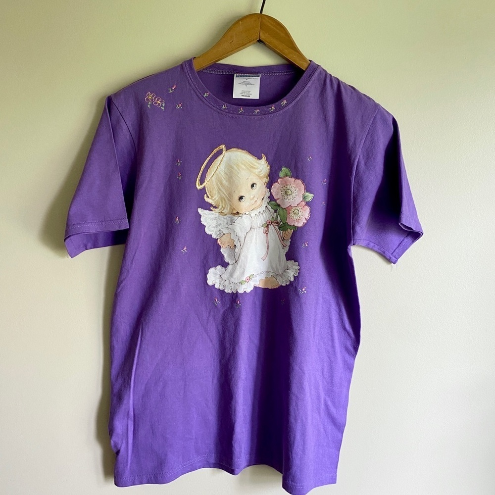 Vintage Purple Floral Angel Graphic Cotton T-Shirt